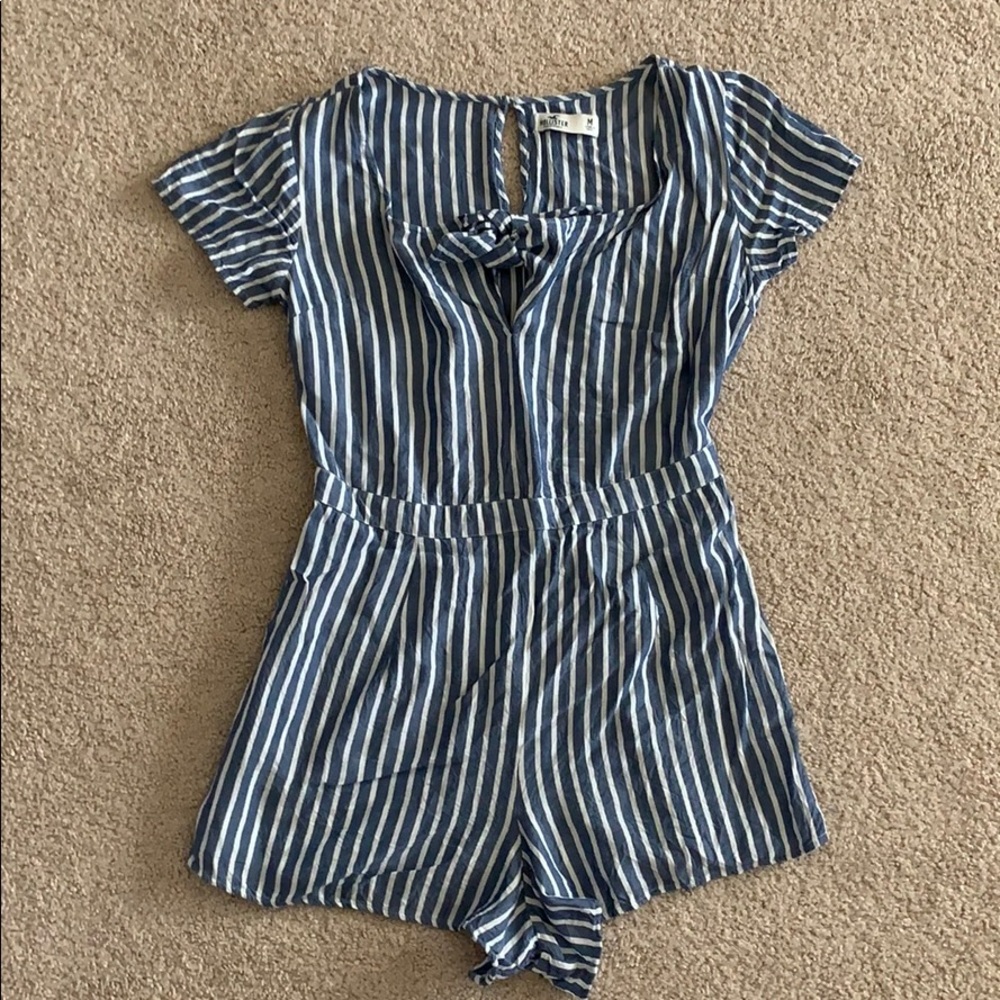 Hollister shorts romper, blue/white striped